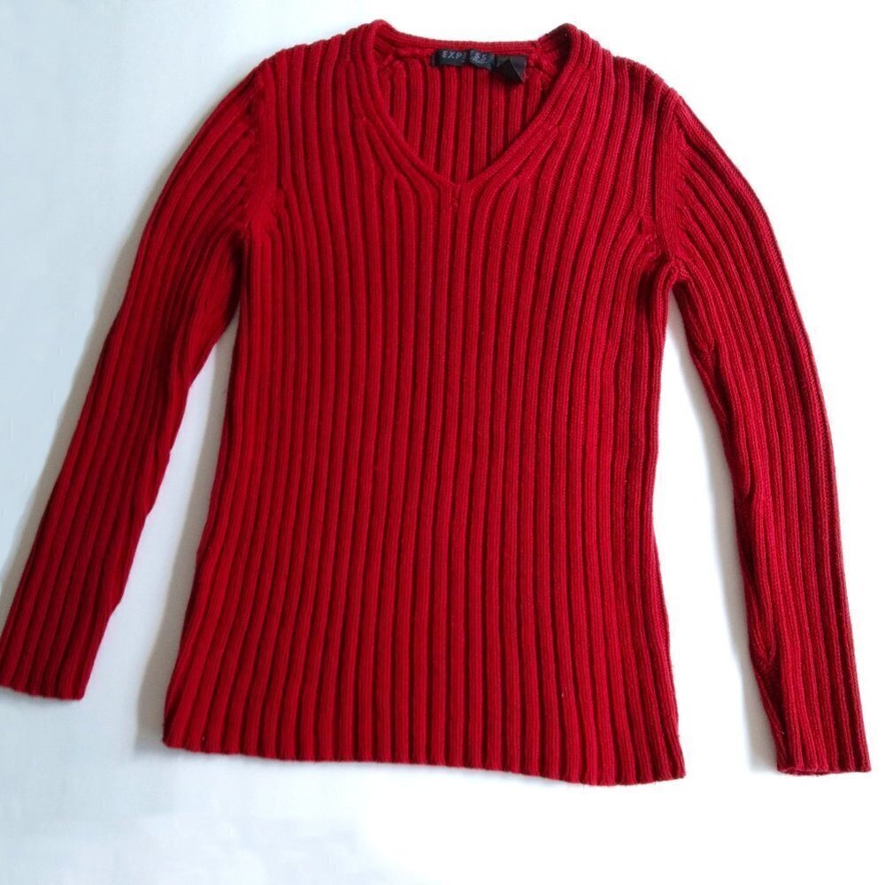 Express World Brand Vintage Red Ribbed VNeck Cotton Blend Pullover Sweater Sz XS